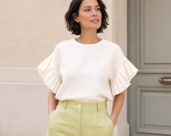 Women’s Pure Linen Blouse: White Ruffle Sleeve Top, Natural Fabric, Boho Casual Style