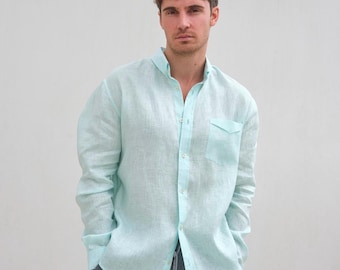 Camicia da uomo in lino: vestibilità personalizzata, maniche lunghe, ideale per le vacanze, colore blu menta naturale.