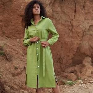 Women&#39;s Green Linen Shirt Dress Oversized