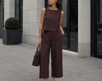 Frauen Leinen Set: Schokoladenbraunes Outfit, Culottes und Top mit weitem Bein, Atmungsaktive Sommer Bürokleidung