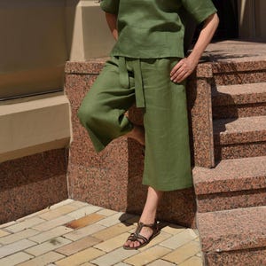 Women&#39;s Olive Green Linen Culottes Handmade