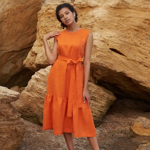 Women&#39;s Orange Linen Dress Handmade