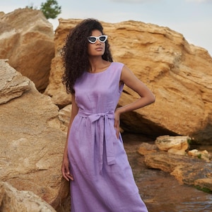 Purple Linen Women&#39;s Midi Dress Handmade