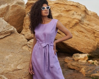 Vestido de linho: Vestido longo de linho lavanda com bolsos, vestido de verão feminino, vestido de praia roxo
