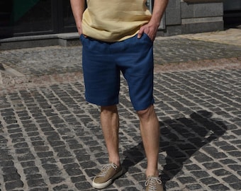 Men's Linen Shorts: Navy Blue Loose Beach Shorts with Pockets for Resort Summer Wear
