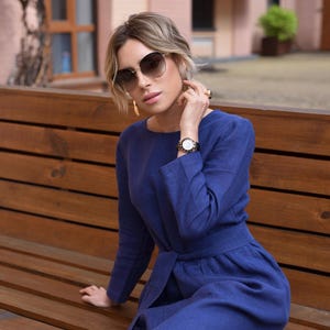 Women&#39;s Navy Linen Midi Dress