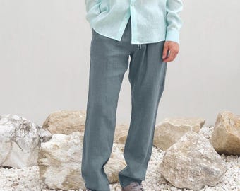 Pantaloni da uomo in lino blu: pantaloni comodi con coulisse, gamba larga, ideali per il tempo libero.