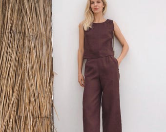 Chocolate Linen Set: Women’s Brown Linen Suit with Culottes Pants