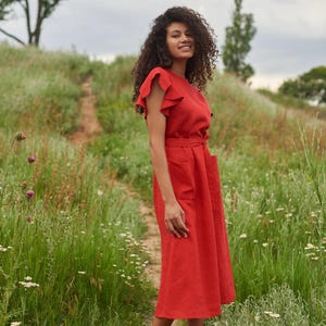 Red Linen Women&#39;s Midi Dress