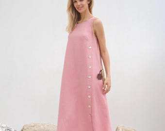 Vestido de lino rosa palo para mujer, hecho a mano.