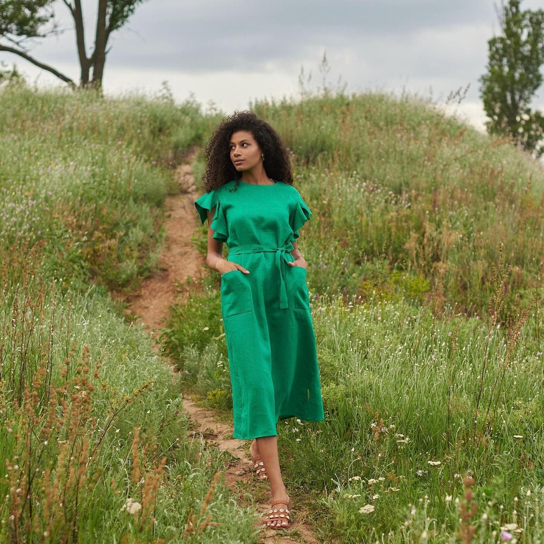 emerald linen dress Amara Ruched Midi Linen Dress in Emerald