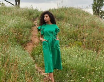 Linen Dress: Emerald Green Linen Midi Dress with Ruffle Sleeves, Resort Wear Women