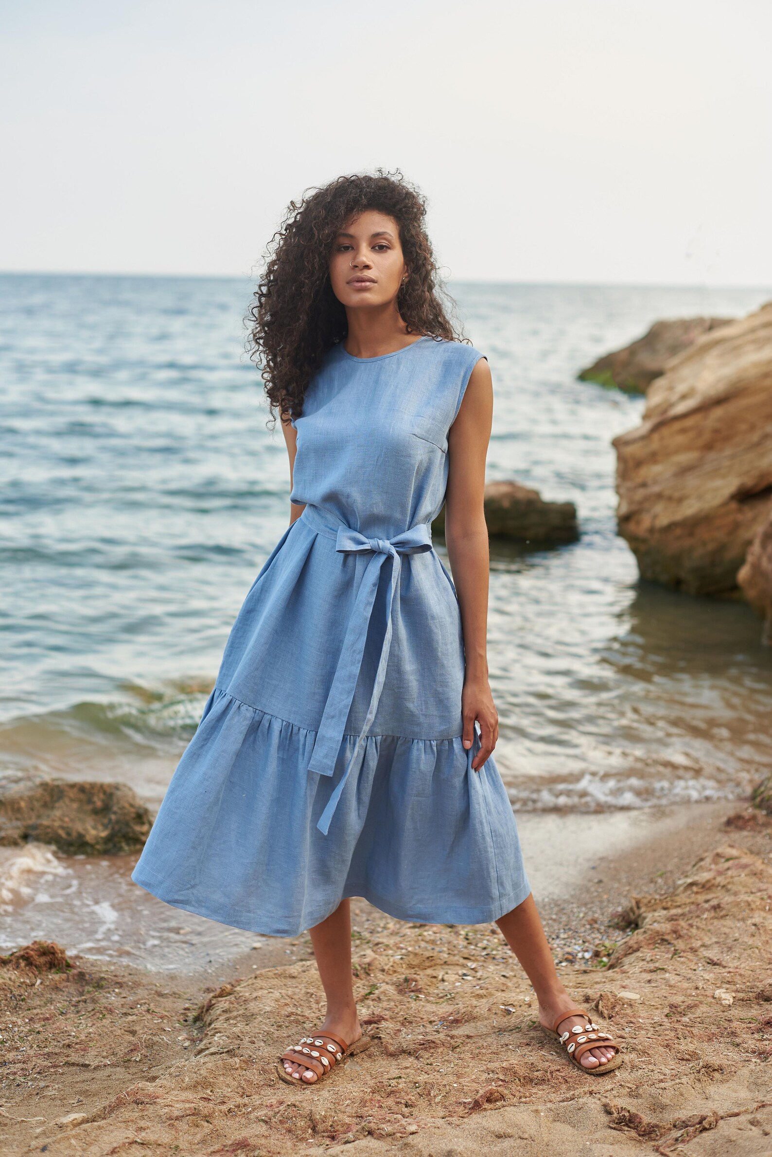 New design Linen Sky Blue Dress Women Beach Dress Oversize Etsy