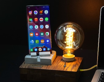 Wooden Smartphone Stand, Edison Industrial Table Lamp, Wood Smartphone Holder, Smartphone Holder Table Lamp
