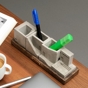 Modelo de edificio de hormigón en miniatura, Organizador de lugar de trabajo, Organizador de escritorio moderno hecho de hormigón, Decoración de escritorio de oficina