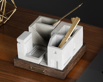 Miniature concrete building model, Workplace organizer, Modern desk organizer made of concrete, Office desk decor