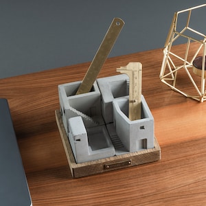 Concrete houses, Desk wood organizer, Office stationery organiser, Pen organiser tray, Desk pencil holder, Office table accessories