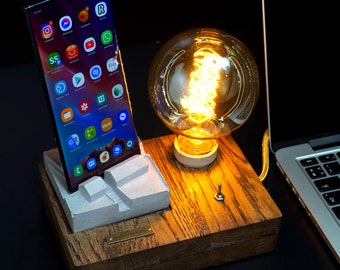 Wooden Iphone Stand, Wood Edison Table Lamp, Wooden Iphone Holder, Smartphone Holder Table Lamp