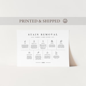 Puede incluir: Un papel blanco con el texto "STAIN REMOVAL - FABRIC CARE GUIDE" e ilustraciones para tinta, grasa/aceite, maquillaje, sangre, sudor, manchas de hierba, chocolate, café o té y vino. Las palabras "PRINTED & SHIPPED" están en la parte superior.