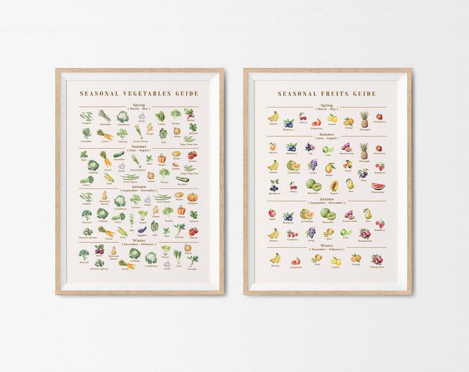 Seasonal Fruits and Vegetables Guide Poster Set, Seasonal Produce Chart, Vegetables Chart, Kitchen Poster, Produce Calendar, Food Lover Gift