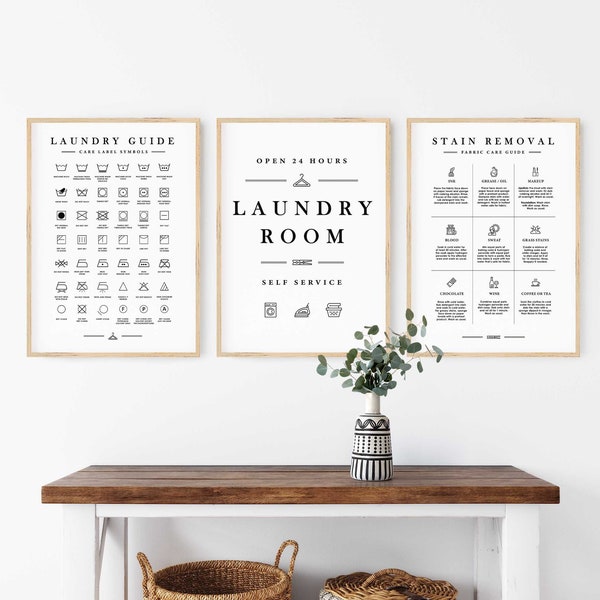 Laundry Room Sign 3pc Print Set, Laundry Printable, Laundry wall art, Laundry Care Guide, Laundry Symbol, Laundry Room Art, Digital Download