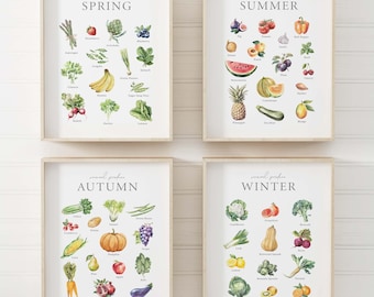 May include: Four framed watercolor illustrations of seasonal produce. Each frame features the word "seasonal produce" and the name of a season: Spring, Summer, Autumn, and Winter. Each frame depicts a variety of fruits and vegetables associated with that season.