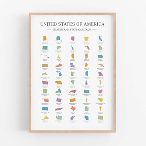 Affiche capitales des États des États-Unis, capitales des États des États-Unis, imprimable carte des États-Unis, États-Unis, affiche éducative, décoration de la salle de classe, oeuvre d'art pour le bureau