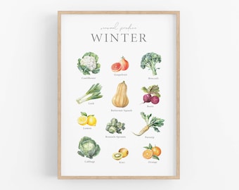 Winter Seasonal Produce, Winter Food Guide Print, Winter Vegetable and Fruit Poster, Vegetable Art Print, Local Produce, Foodie Gift Ideas