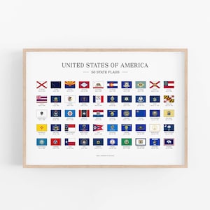 Póster de banderas de los estados de EE. UU., banderas estadounidenses, 50 banderas de los estados de EE. UU., impresiones educativas, historia de EE. UU. para el aula, Estados Unidos, arte mural con banderas de los estados