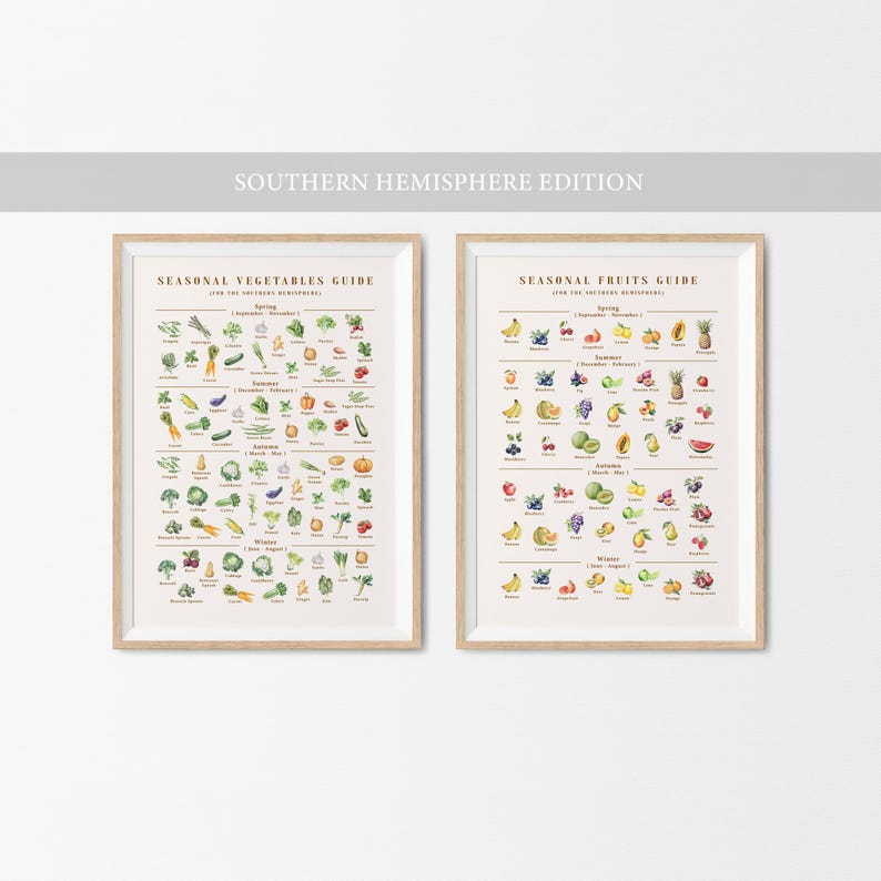 Puede incluir: Dos l&aacute;minas enmarcadas con fondos beige. La l&aacute;mina izquierda es una "Gu&iacute;a de verduras de temporada" y la derecha una "Gu&iacute;a de frutas de temporada". Ambas gu&iacute;as presentan ilustraciones en acuarela de diversas verduras y frutas, con etiquetas estacionales.