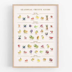 Gids seizoensfruit, poster seizoensproducten, keukenmuurkunst, seizoensfruitkaart, poster voedselkalender, boerderijtuin, lokale producten