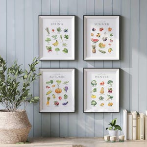 May include: Four framed prints with illustrations of seasonal produce. Each print features the word "Spring", "Summer", "Autumn", or "Winter" at the top and a grid of fruits and vegetables.