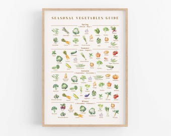 May include: A printable chart with watercolor illustrations of seasonal vegetables. The chart is divided into four sections: Spring (March - May), Summer (June - August), Autumn (September - November), and Winter (December - February). Each section lists the vegetables that are in season during that time.