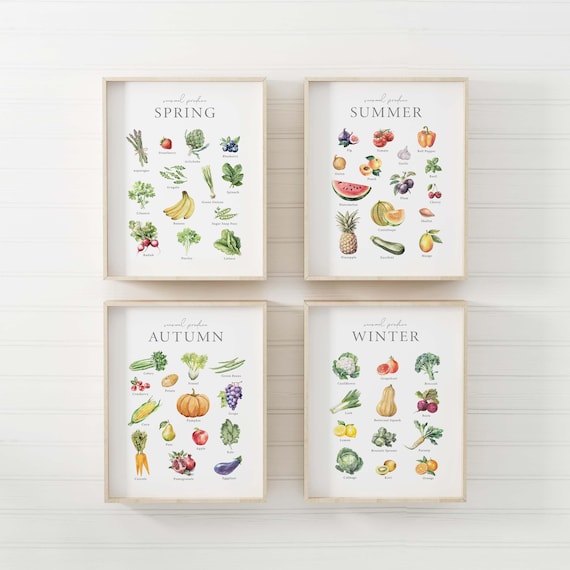 4 Seasonal Produce Prints, Seasonal Produce Art, Fruits and Vegetable Art, Kitchen Wall Art, Local Produce Chart, Botanical Illustration