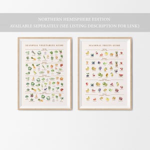 Puede incluir: Dos gu&iacute;as enmarcadas: "Gu&iacute;a de verduras de temporada" y "Gu&iacute;a de frutas de temporada". Cada gu&iacute;a presenta ilustraciones en acuarela de productos, organizados por temporada. Los marcos son de madera clara, con el texto "Northern Hemisphere Edition" en la parte superior.