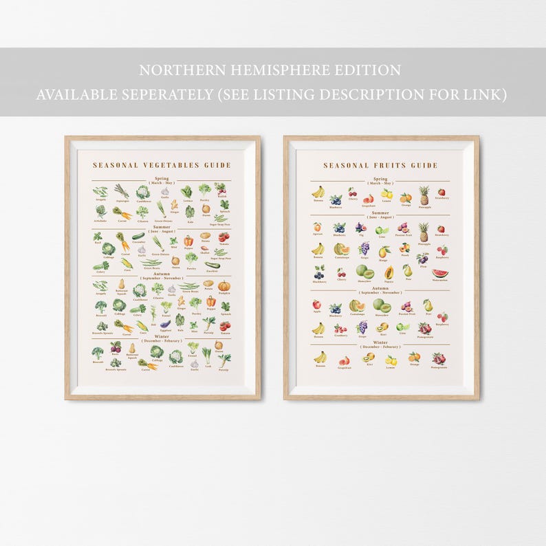 Puede incluir: Dos gu&iacute;as enmarcadas: "Gu&iacute;a de verduras de temporada" y "Gu&iacute;a de frutas de temporada". Cada gu&iacute;a presenta ilustraciones en acuarela de productos, organizados por temporada. Los marcos son de madera clara, con el texto "Northern Hemisphere Edition" en la parte superior.