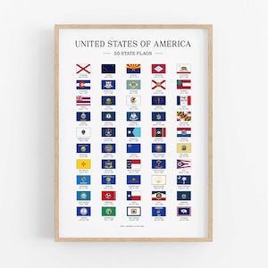 Poster med amerikanska statsflaggor, amerikanska flaggor, statsflaggor, pedagogiska posters, klassrumsdekor, amerikansk historia, väggkonst för kontoret, geografi