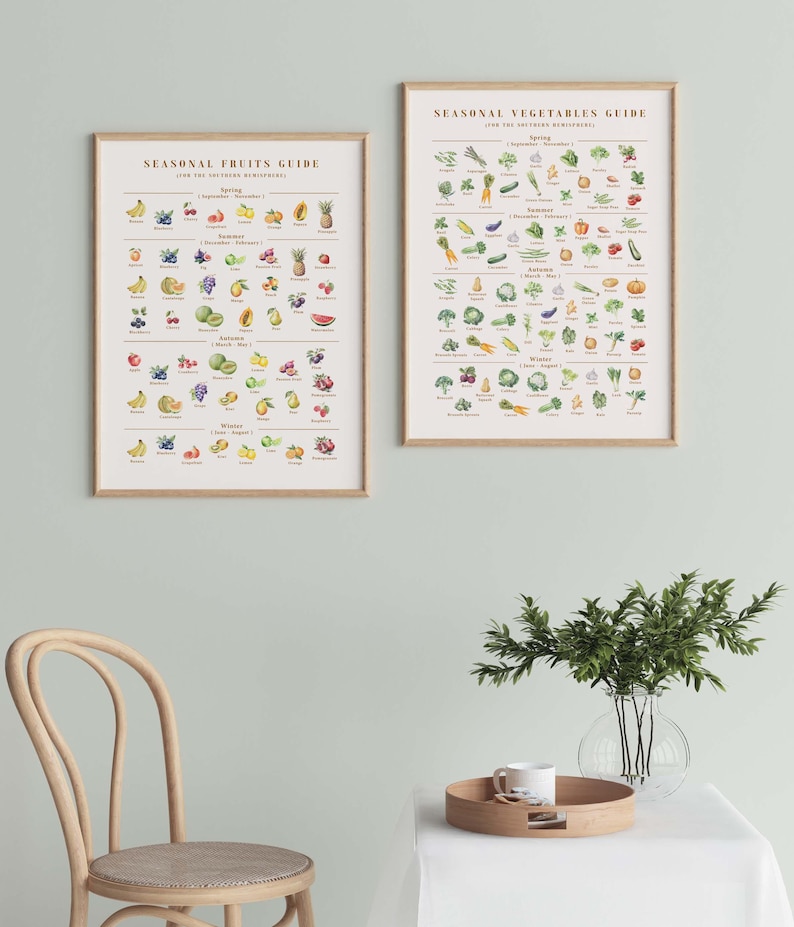 Puede incluir: Dos l&aacute;minas enmarcadas, "Gu&iacute;a de frutas de temporada" y "Gu&iacute;a de verduras de temporada", cuelgan de una pared verde claro. La gu&iacute;a de frutas muestra ilustraciones coloridas de varias frutas, mientras que la gu&iacute;a de verduras muestra una variedad de verduras. Una silla de madera y una mesa con una bandeja est&aacute;n en primer plano.