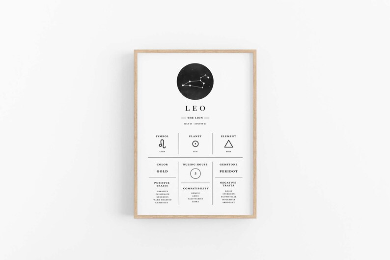 Puede incluir: Un p&oacute;ster imprimible en blanco y negro con el signo del zod&iacute;aco Leo. El p&oacute;ster incluye el s&iacute;mbolo, el planeta, el elemento, el color, la casa regente, la piedra preciosa, los rasgos positivos, la compatibilidad y los rasgos negativos del signo del zod&iacute;aco Leo.