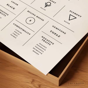May include: A black and white printable chart with the astrological symbol for Pluto, the ruling house number 8, the element water, and the gemstone topaz. The chart also lists compatibility with other zodiac signs, positive and negative traits, and the color black.