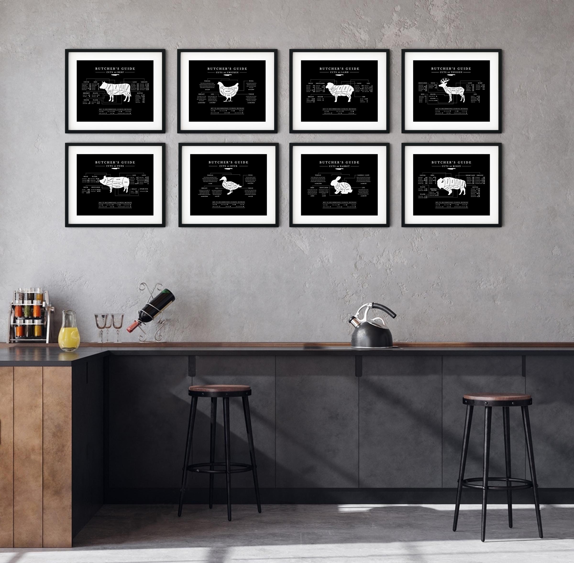 Black Meat Butcher Guide Print 8pc Set, Cooking Printable Art, Kitchen ...