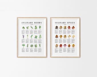 Herbs and Spice Guide Poster Set, Herbs and Spices Chart, Culinary Botanical Herbs and Spices, Cooking Reference, Kitchen Wall Art Decor