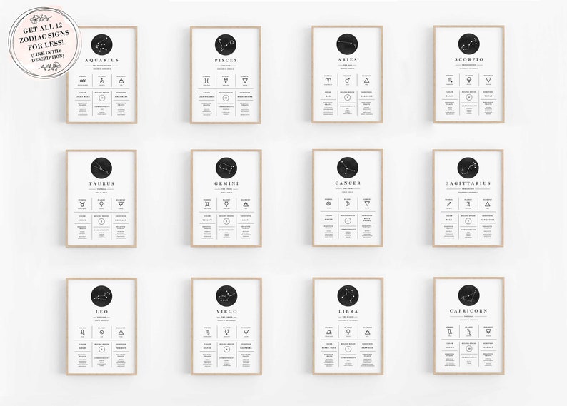 Puede incluir: Doce carteles imprimibles con los signos del zod&iacute;aco. Cada cartel incluye la constelaci&oacute;n, el s&iacute;mbolo, el elemento, el planeta regente y las fechas de cada signo. Los carteles son en blanco y negro con un dise&ntilde;o minimalista.