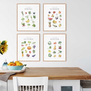 May include: Four framed prints with watercolor illustrations of fruits and vegetables grouped by season. The prints are labeled "Spring", "Summer", "Autumn", and "Winter".