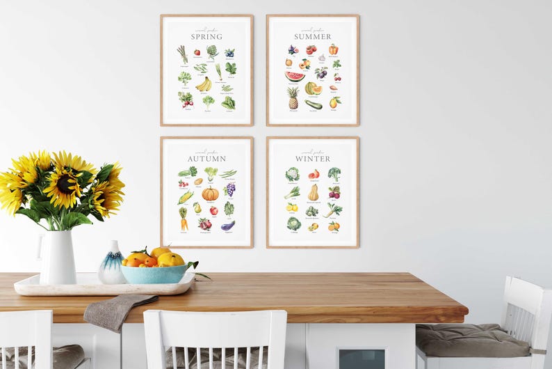 May include: Four framed prints with watercolor illustrations of fruits and vegetables grouped by season. The prints are labeled "Spring", "Summer", "Autumn", and "Winter".