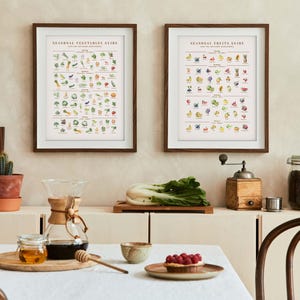 Puede incluir: Dos impresiones enmarcadas, "Gu&iacute;a de verduras de temporada" y "Gu&iacute;a de frutas de temporada", cuelgan sobre un armario blanco. Se ven una tabla de cortar de madera, un cactus en maceta de terracota y una cafetera Chemex. Una mesa est&aacute; puesta con una tarta y miel.
