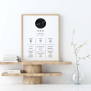 Puede incluir: Un p&oacute;ster imprimible en blanco y negro con el signo del zod&iacute;aco Leo. El p&oacute;ster incluye el s&iacute;mbolo, el planeta, el elemento, el color, la casa regente, la piedra preciosa, los rasgos positivos, los rasgos negativos y la compatibilidad del signo del zod&iacute;aco Leo.