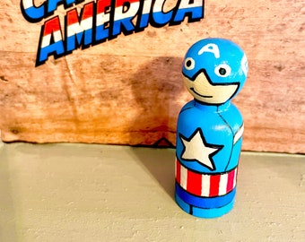 Wooden Peg Doll, Captain America Peg Doll, Super hero peg doll, Gifts for Boys, Cake Topper, Wood Toy, Montessori Toy, Minimalist Toy