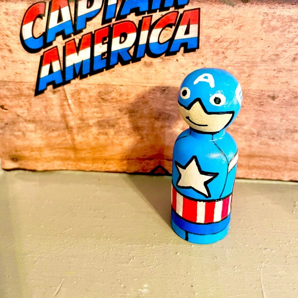 Wooden Peg Doll, Captain America Peg Doll, Super hero peg doll, Gifts for Boys, Cake Topper, Wood Toy, Montessori Toy, Minimalist Toy