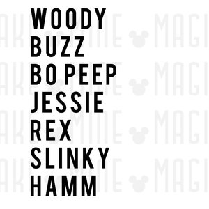 K&ouml;nnte beinhalten: Schwarzwei&szlig;er Text auf wei&szlig;em Hintergrund mit den Namen der Figuren aus der Toy Story-Reihe: Woody, Buzz, Bo Peep, Jessie, Rex, Slinky und Hamm.